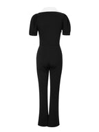 Black/White Fashionable Button-Down Wide Leg Jumpsuit