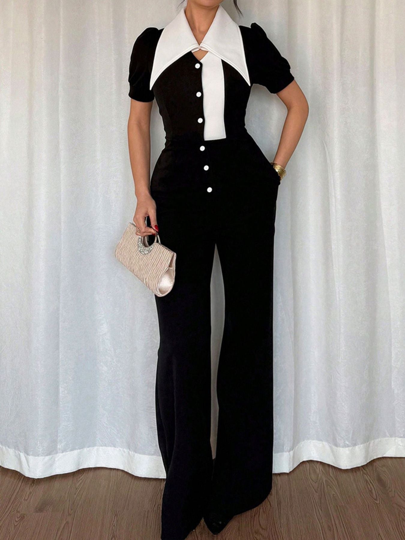 Black/White Fashionable Button-Down Wide Leg Jumpsuit