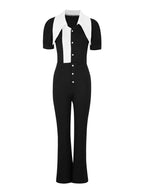 Black/White Fashionable Button-Down Wide Leg Jumpsuit
