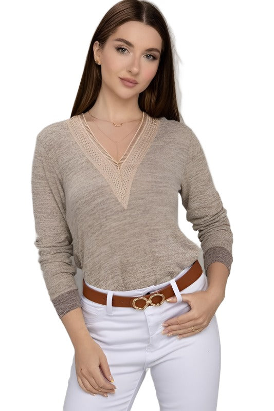 Women's Sweaters Contrast Lace V Neck Top
