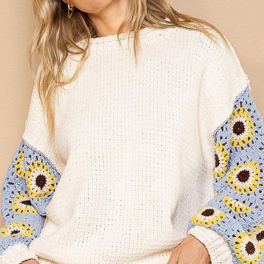 Women's Sweaters Contrast Square Pattern Sleeves Pullover Sweater