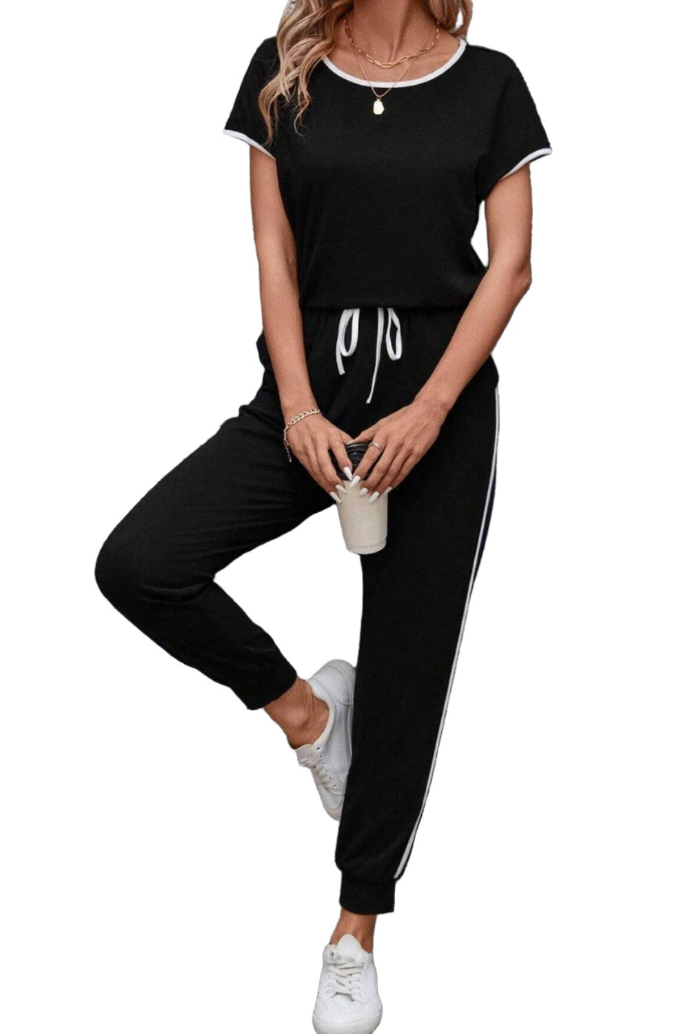 Women's Outfits & Sets Contrast Trim Round Neck Top and Pants Set
