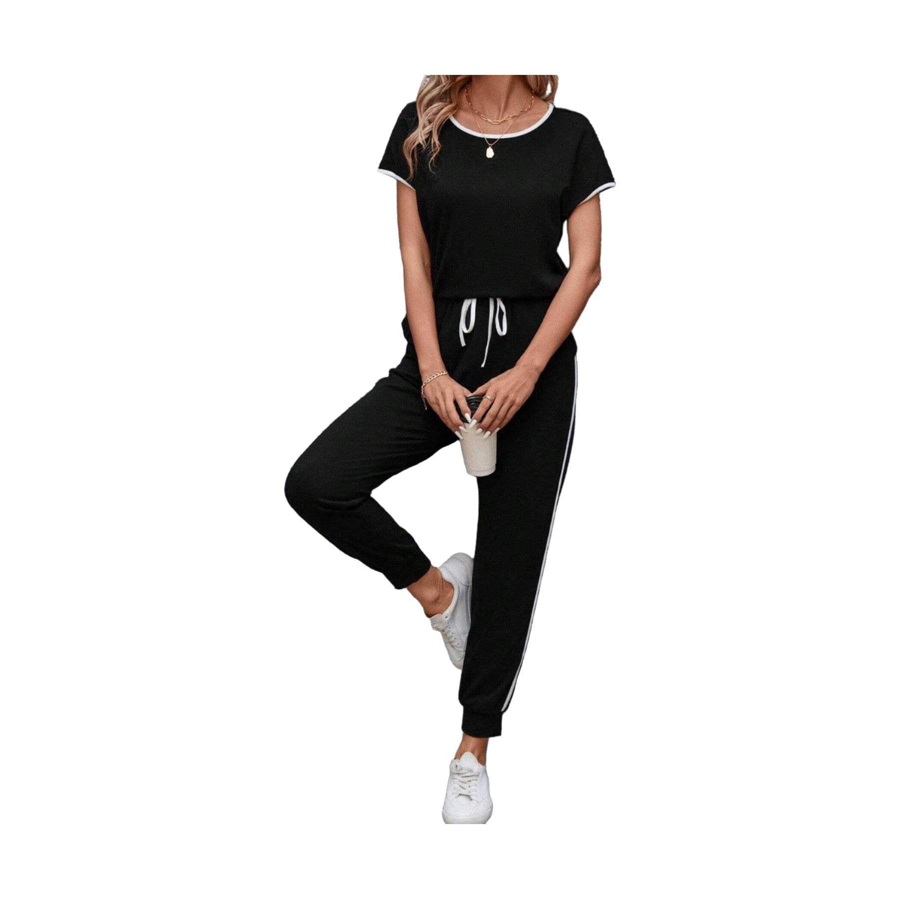 Contrast Trim Round Neck Top and Pants Set - VacationGrabs