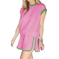 Contrast Trim Round Neck Top and Shorts Set - VacationGrabs