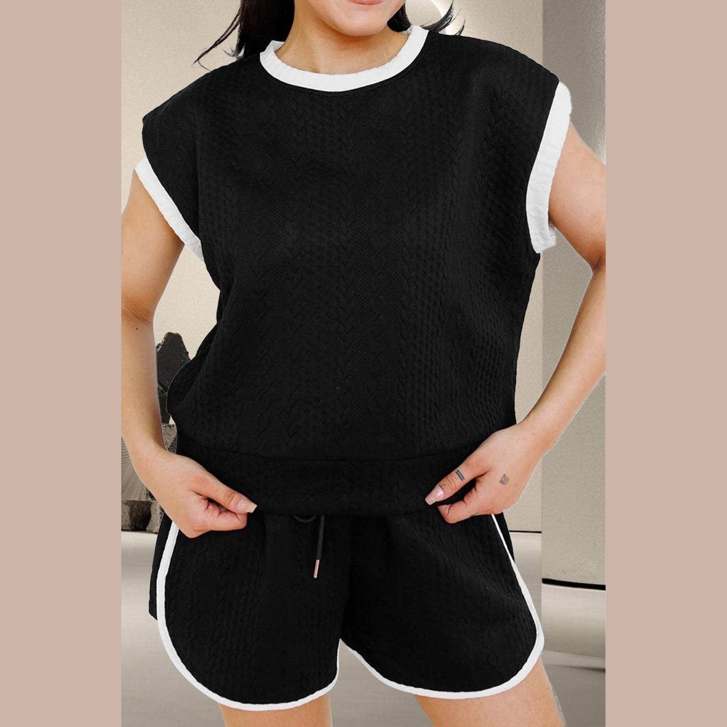 Contrast Trim Round Neck Top and Shorts Set - VacationGrabs