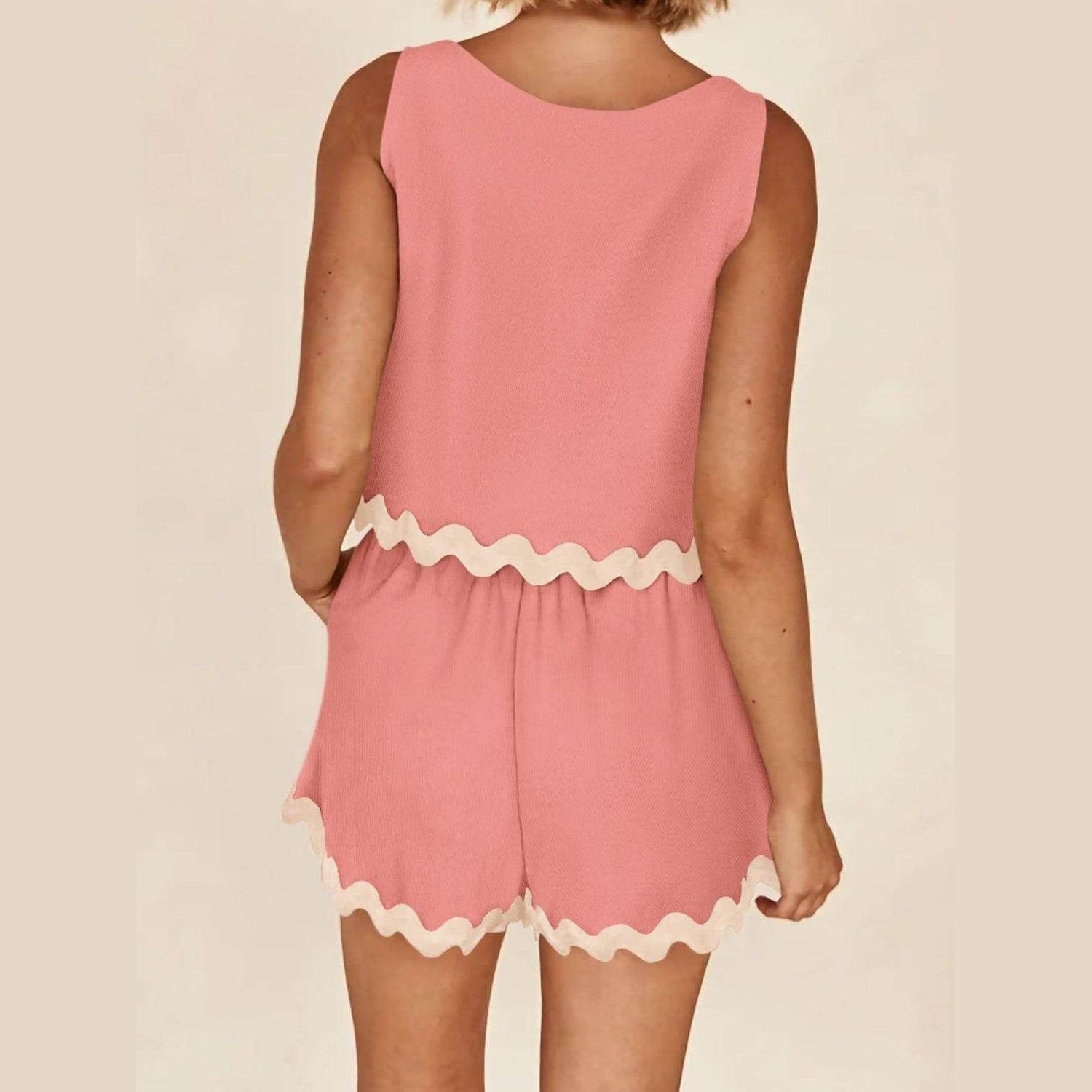 Contrast Trim Round Neck Top and Shorts Set - VacationGrabs