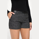 Miley + Molly contrast waistband shorts in a stylish gray fabric with pockets and a sleek black belt