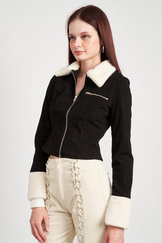 Women's Coats & Jackets Contrasted Collar And Cuff Crop Jacket