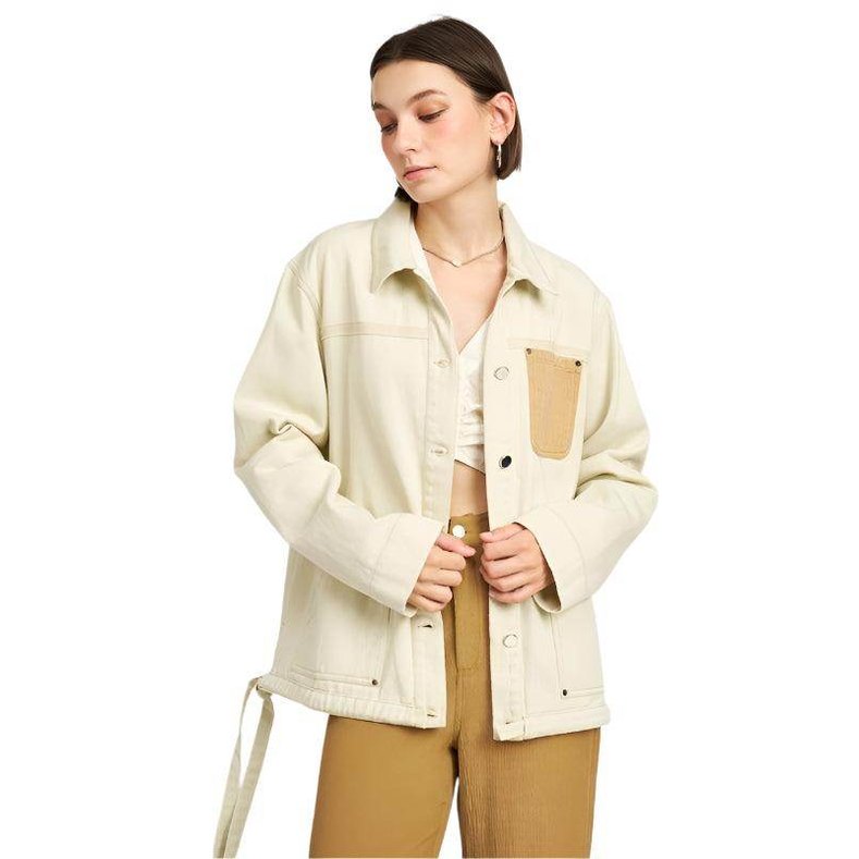 Contrasted Cream Denim Jean Jacket with Drawstring Waist - VacationGrabs