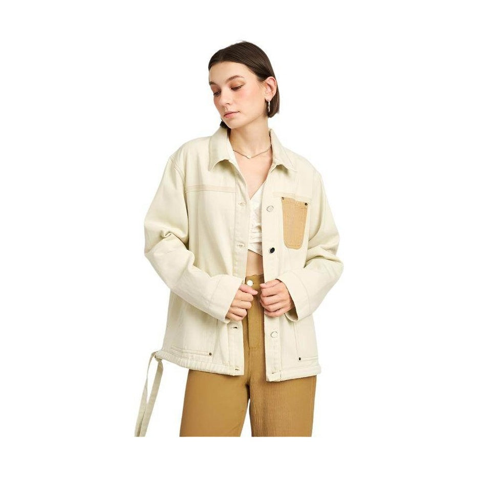 Contrasted Cream Denim Jean Jacket with Drawstring Waist - VacationGrabs