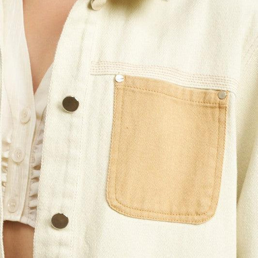 Women's Coats & Jackets Contrasted Cream Denim Jean Jacket with Drawstring Waist