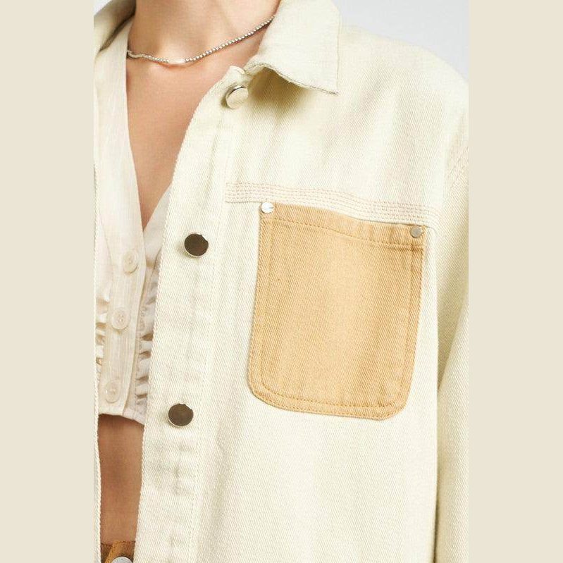 Contrasted Cream Denim Jean Jacket with Drawstring Waist - VacationGrabs