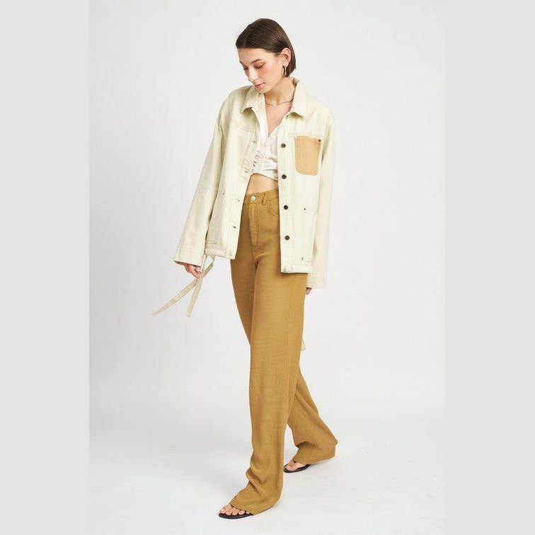 Contrasted Cream Denim Jean Jacket with Drawstring Waist - VacationGrabs