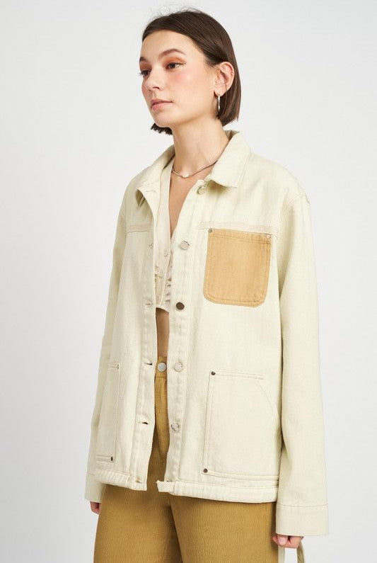 Women's Coats & Jackets Contrasted Cream Denim Jean Jacket with Drawstring Waist