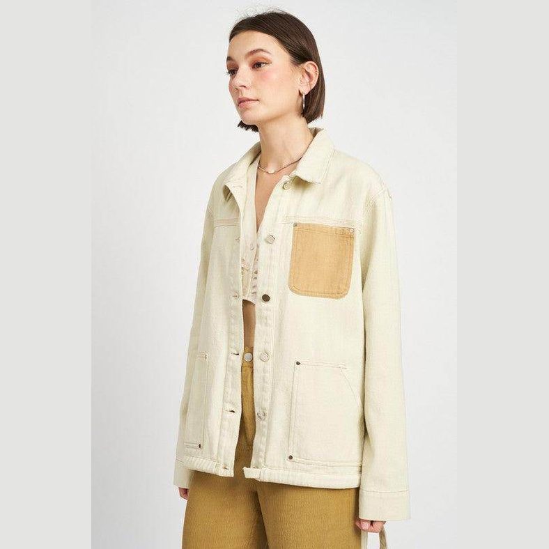 Contrasted Cream Denim Jean Jacket with Drawstring Waist - VacationGrabs