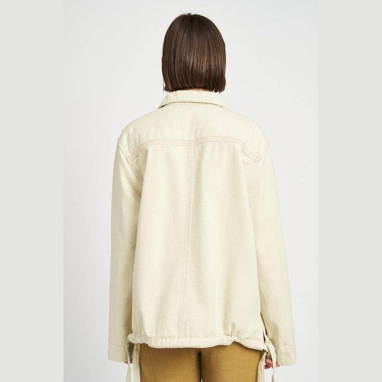 Contrasted Cream Denim Jean Jacket with Drawstring Waist - VacationGrabs
