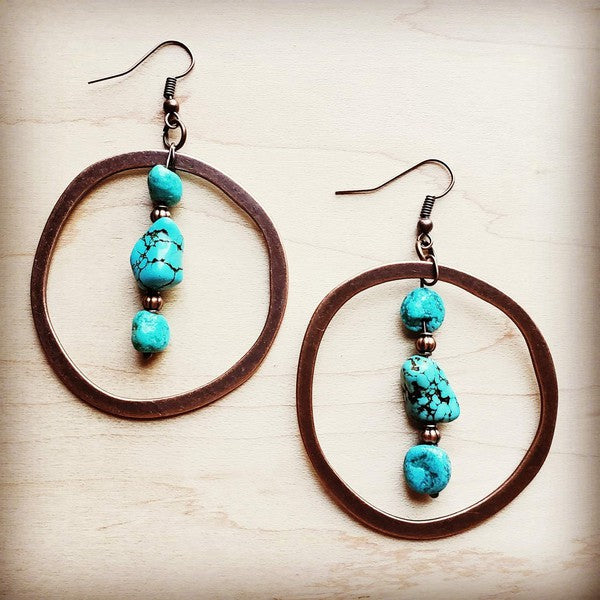 Handcrafted copper hoop earrings with turquoise stones for a stylish, bohemian look