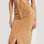 Corduroy Mid Skirt With Front Slit - VacationGrabs