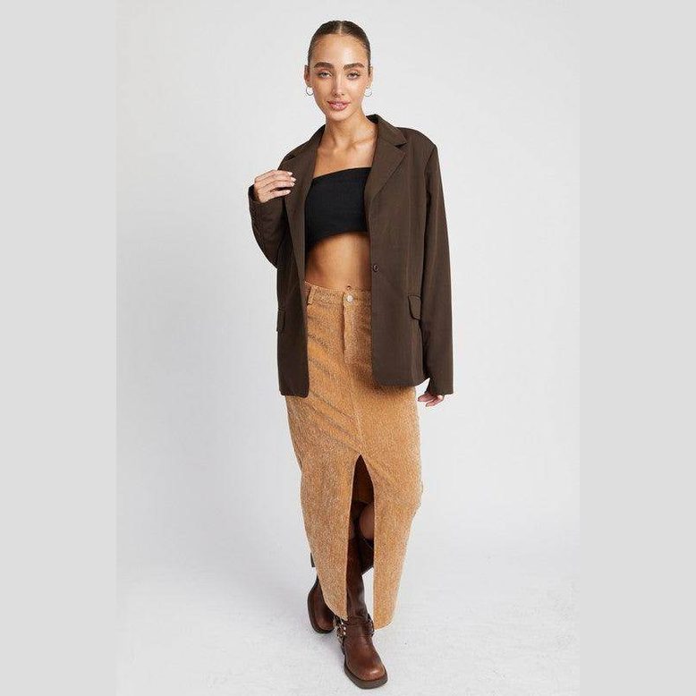 Corduroy Mid Skirt With Front Slit - VacationGrabs