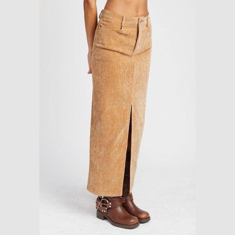 Corduroy Mid Skirt With Front Slit - VacationGrabs