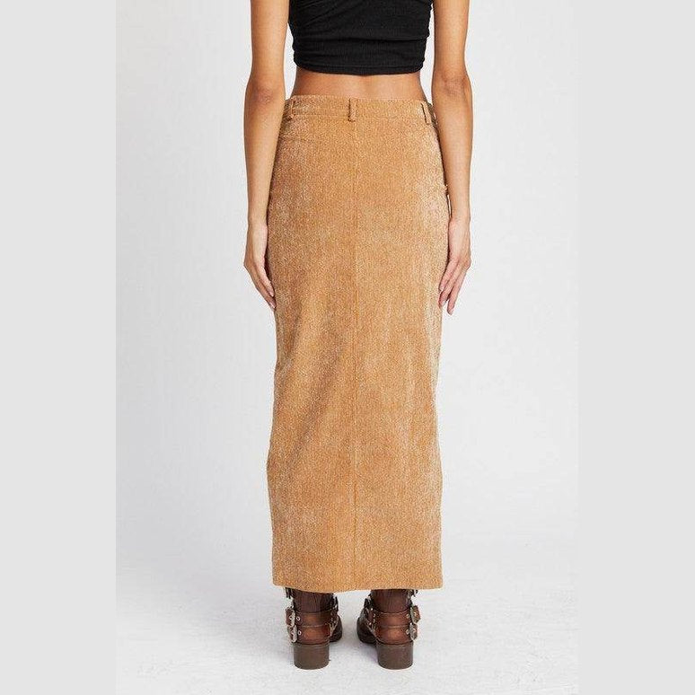 Corduroy Mid Skirt With Front Slit - VacationGrabs