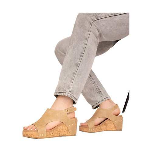 Maker's Shoes women's tan open-toe cork sole summer sandals with ankle strap and wedge heel
