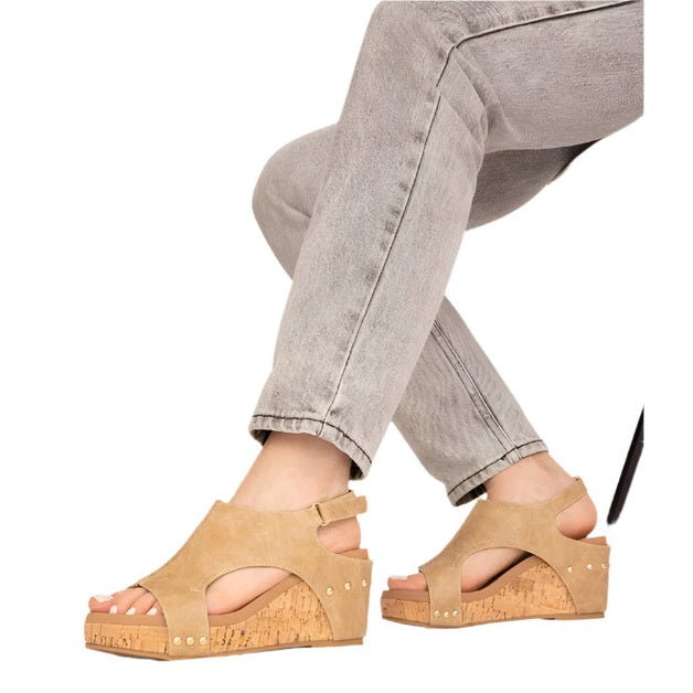 Maker's Shoes women's tan open-toe cork sole summer sandals with ankle strap and wedge heel