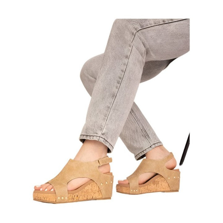 Maker's Shoes women's tan open-toe cork sole summer sandals with ankle strap and wedge heel