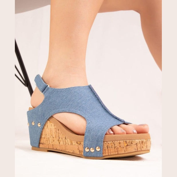 Makers Shoes women's cork sole summer sandals with blue fabric upper and studded accents