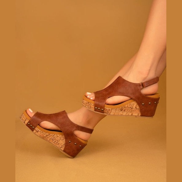 Maker's Shoes women's cork sole summer sandals with brown suede upper and wedge heel