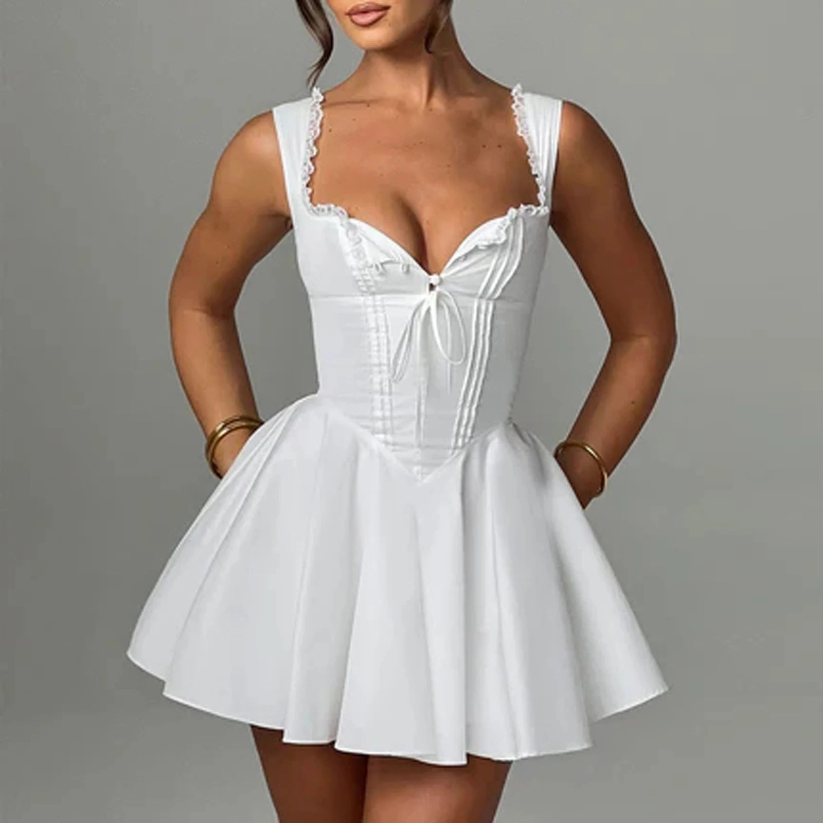 Women's white corset dress with lace trim for summer occasions