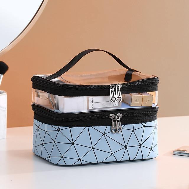 VacationGrabs multi compartment cosmetic bag with clear top and geometric design for organized travel