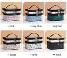 Multi compartment cosmetic bag in various colors including pink, sky blue, green, beige, gray, and black