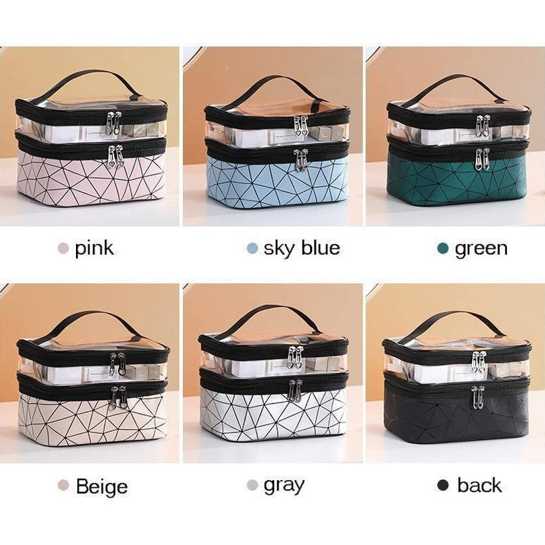 Multi compartment cosmetic bag in various colors including pink, sky blue, green, beige, gray, and black