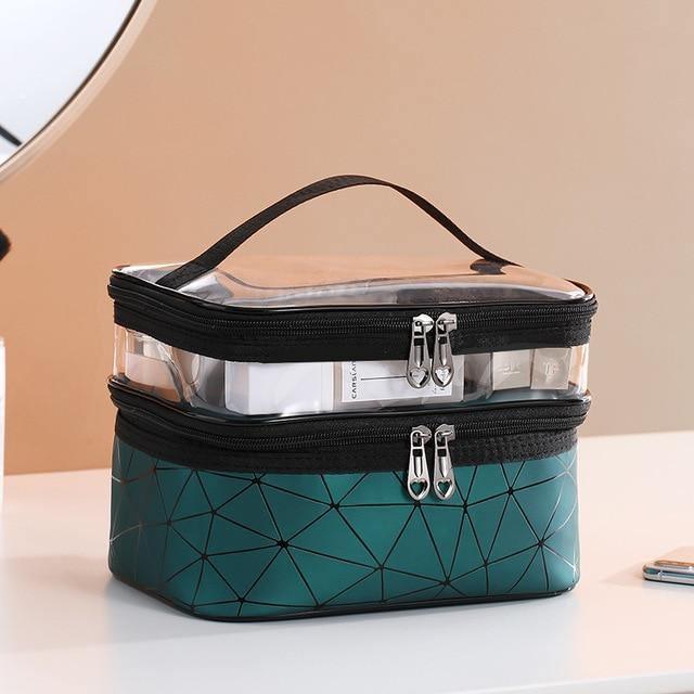 VacationGrabs multi compartment cosmetic bag with clear top and geometric design for organized travel essentials