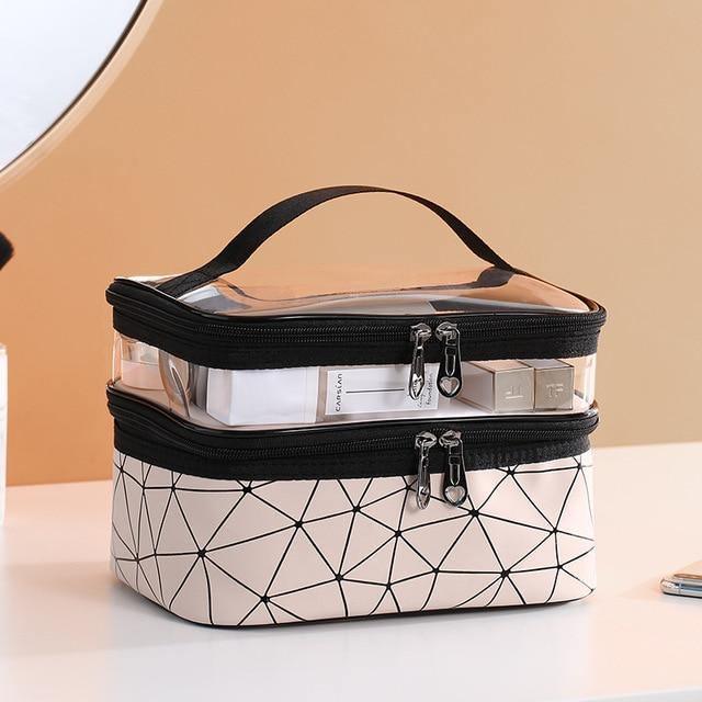 VacationGrabs multi compartment cosmetic bag with clear top for easy access and geometric design