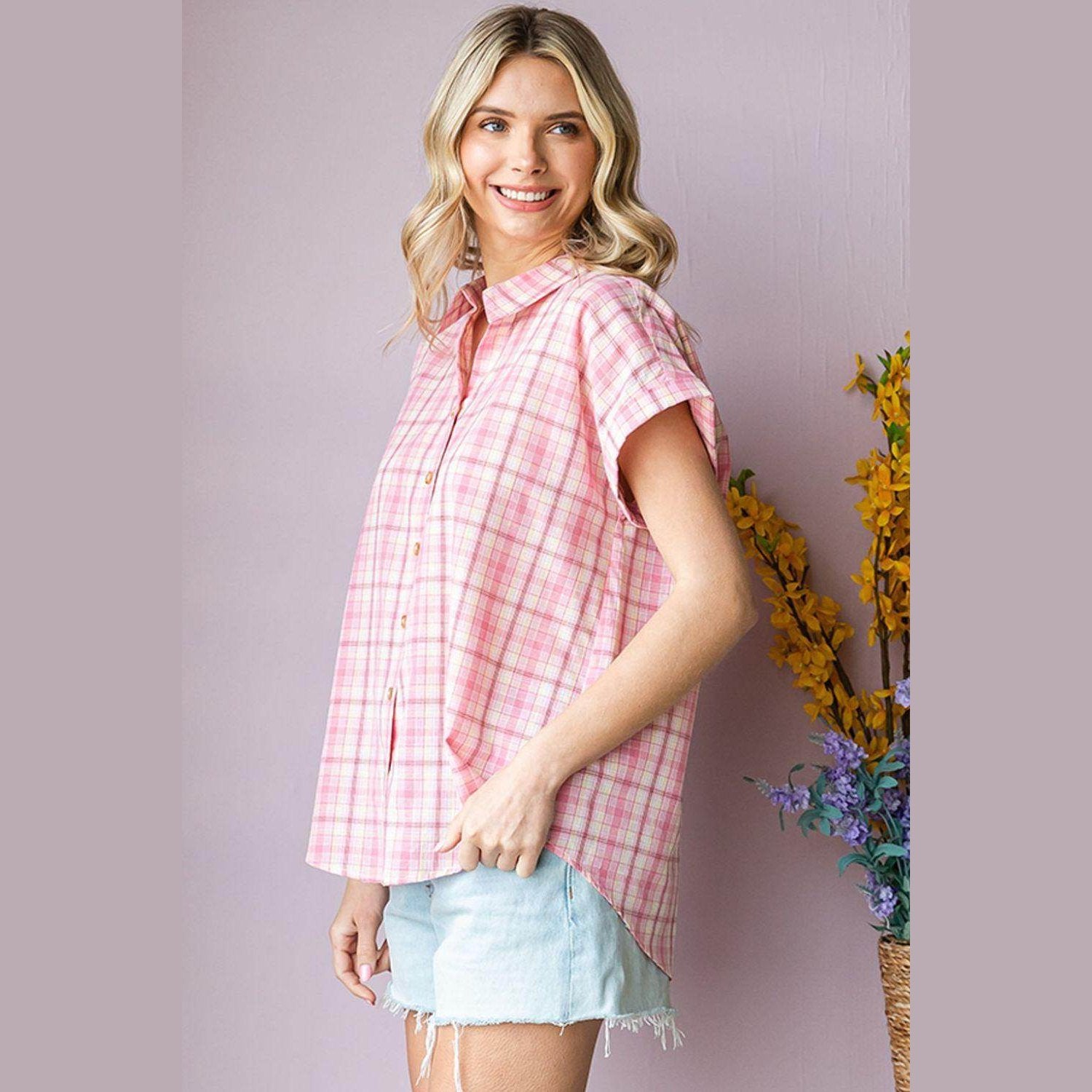 Cotton Bleu by Nu Lab Plaid Collared Neck Short Sleeve - VacationGrabs