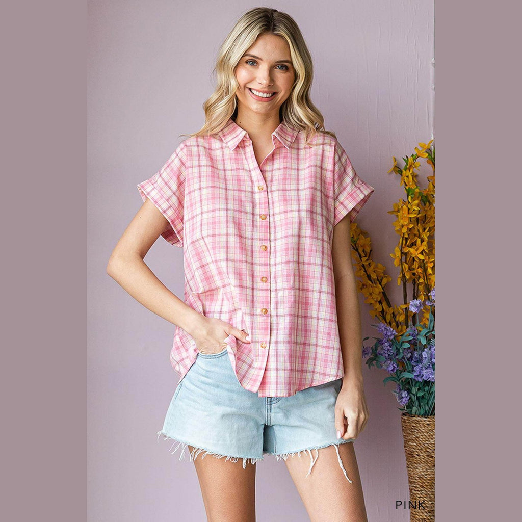 Cotton Bleu by Nu Lab Plaid Collared Neck Short Sleeve - VacationGrabs