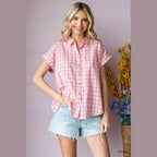 Cotton Bleu by Nu Lab Plaid Collared Neck Short Sleeve - VacationGrabs