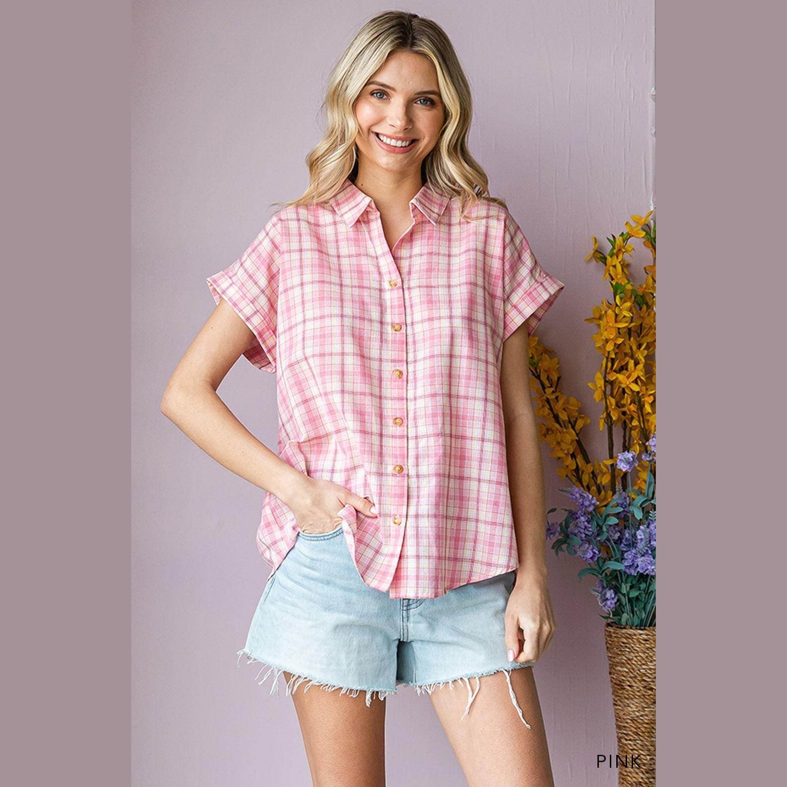 Cotton Bleu by Nu Lab Plaid Collared Neck Short Sleeve - VacationGrabs