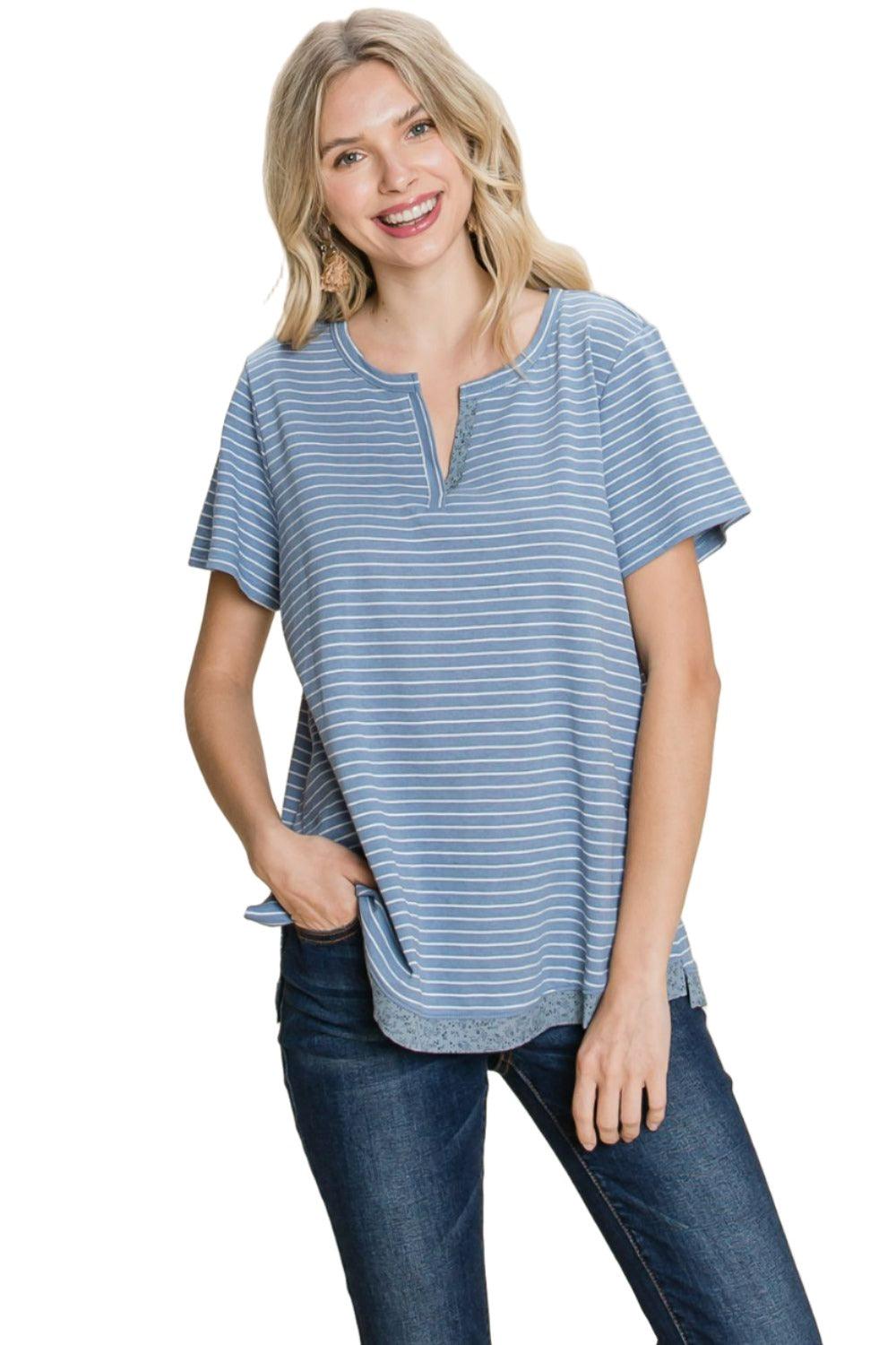 Women's Shirts - T-Shirts Cotton Bleu by Nu Lab Slit Striped Notched Short Sleeve T-Shirt
