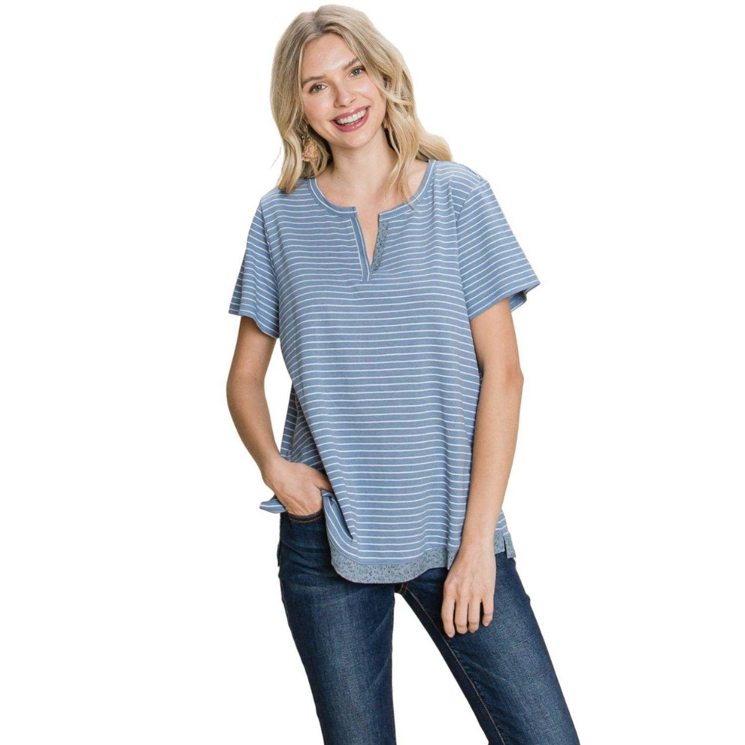 Cotton Bleu by Nu Lab Slit Striped Notched Short Sleeve - VacationGrabs