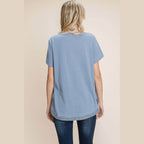 Cotton Bleu by Nu Lab Slit Striped Notched Short Sleeve - VacationGrabs