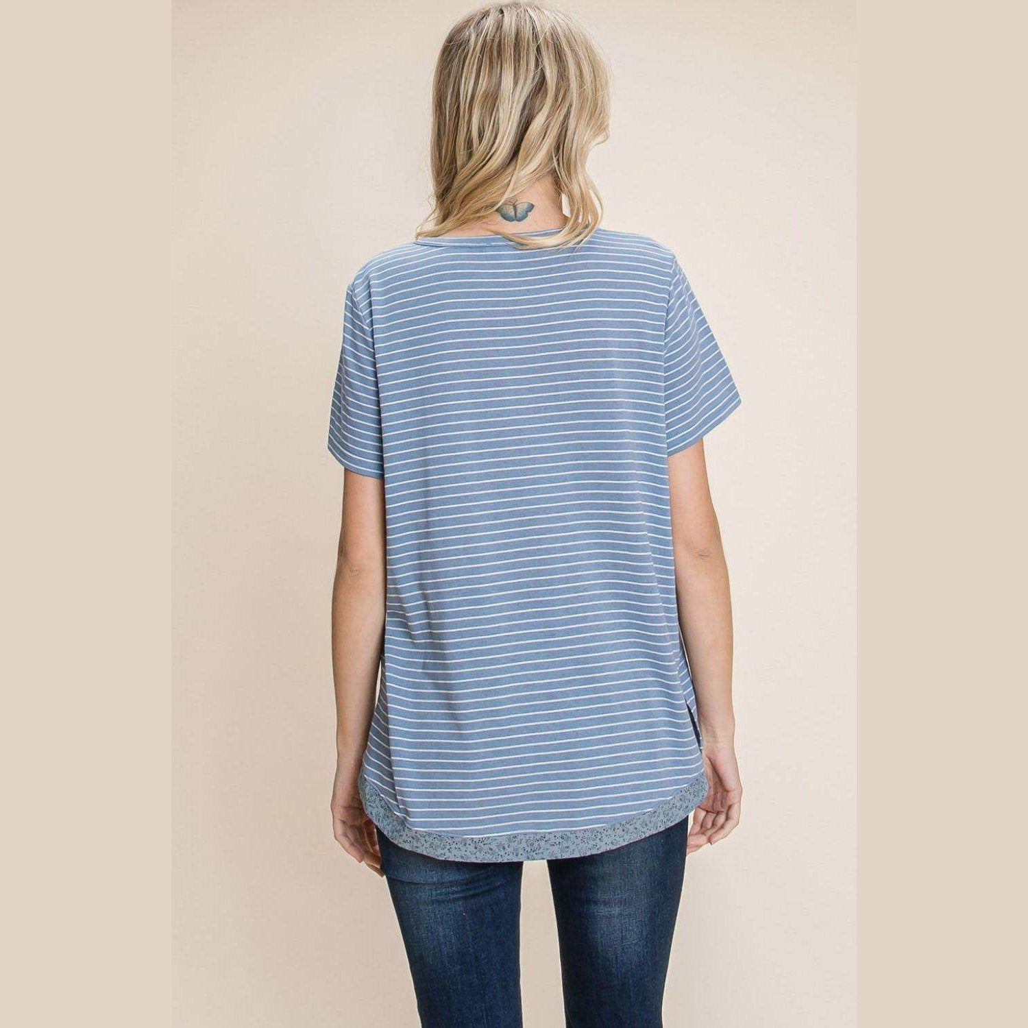 Cotton Bleu by Nu Lab Slit Striped Notched Short Sleeve - VacationGrabs