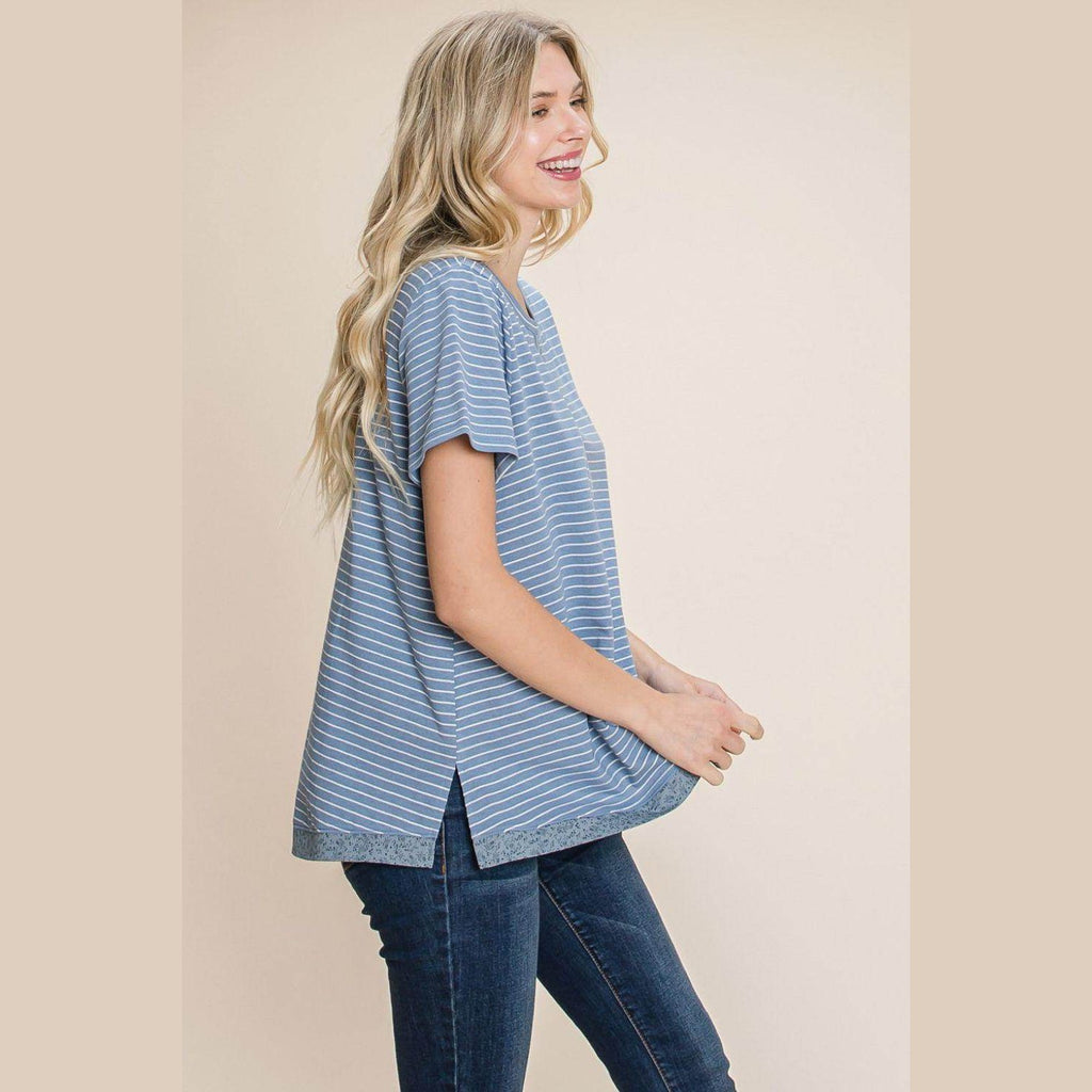Cotton Bleu by Nu Lab Slit Striped Notched Short Sleeve - VacationGrabs