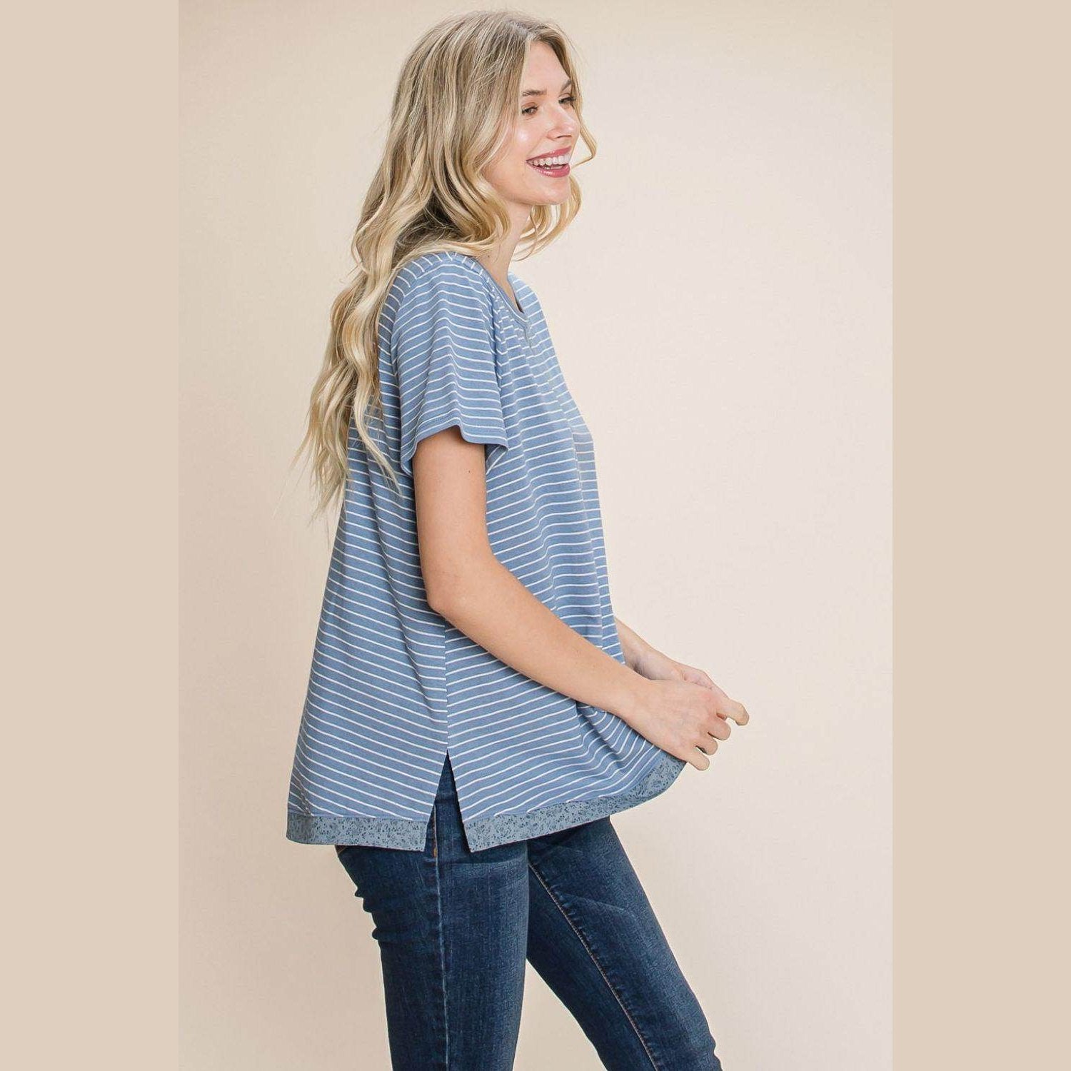 Cotton Bleu by Nu Lab Slit Striped Notched Short Sleeve - VacationGrabs