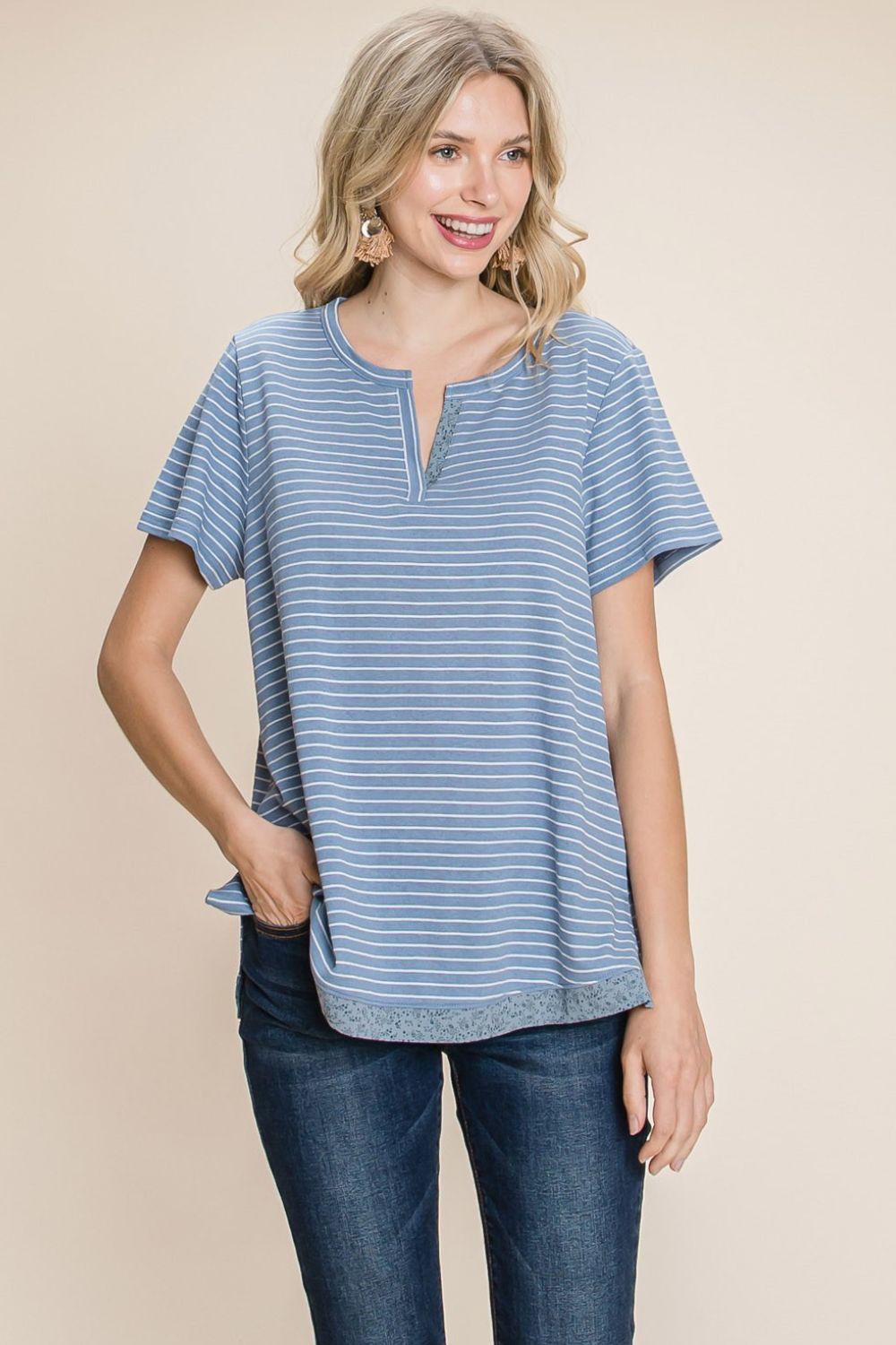 Women's Shirts - T-Shirts Cotton Bleu by Nu Lab Slit Striped Notched Short Sleeve T-Shirt