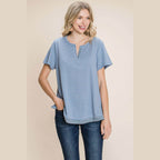 Cotton Bleu by Nu Lab Slit Striped Notched Short Sleeve - VacationGrabs