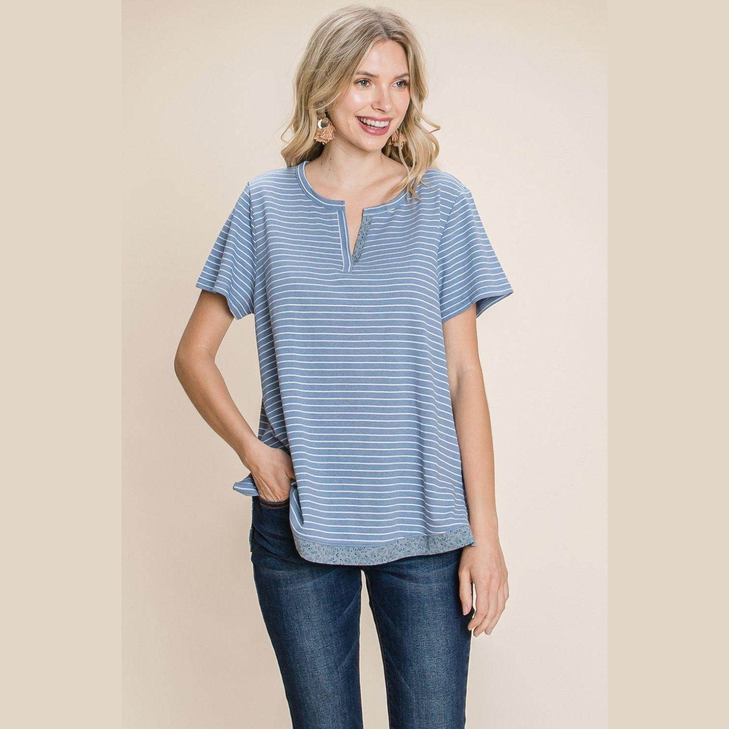 Cotton Bleu by Nu Lab Slit Striped Notched Short Sleeve - VacationGrabs