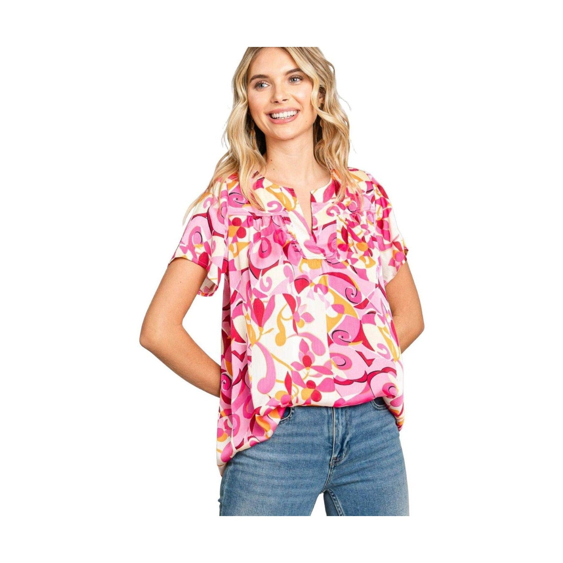Cotton Bleu by Nu Label Abstract Print Short Sleeve Top - VacationGrabs